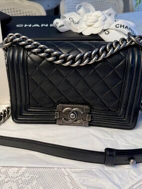 CHANEL Small Le Boy Caviar Quilted Leather Flap Bag Black Ruthenium 2018 Karl